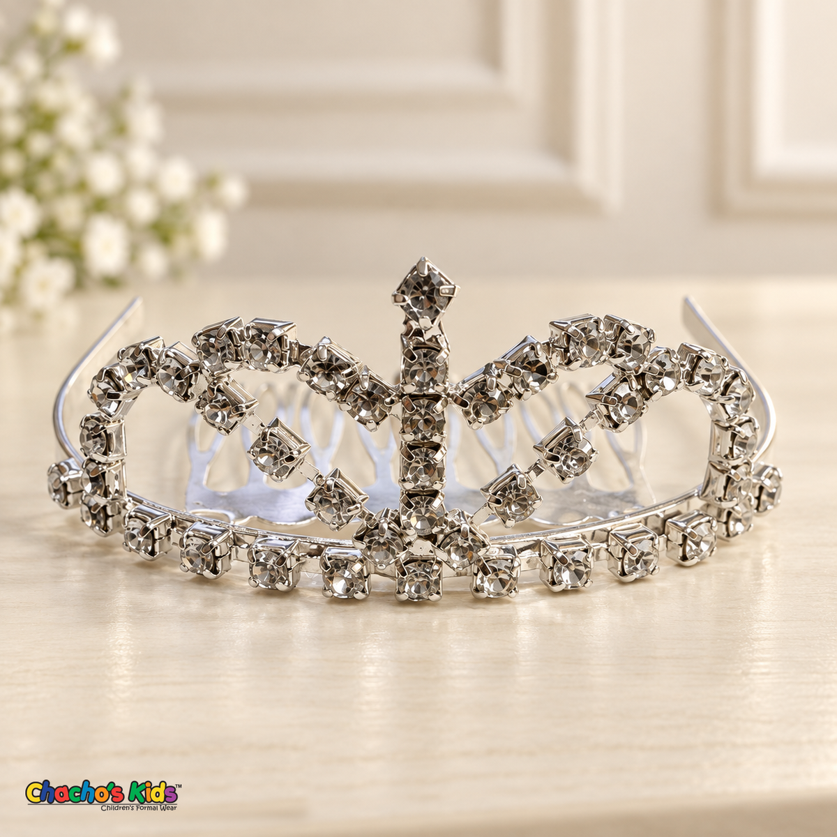 Girls Princess Tiara (TR-723) in silver, full front view with clear rhinestones and built-in hair comb.