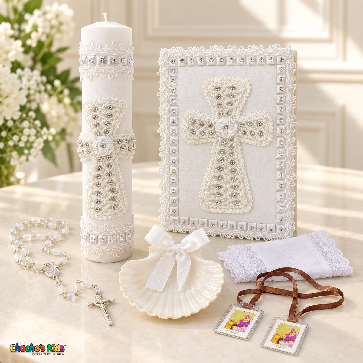 White six-piece boys baptism set with rhinestone cross candle, Spanish Bible, shell, rosary, scapular and handkerchief