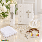 Boys Spanish crystal crucifix baptism set with candle, book, shell, rosary, scapular and lace-edged handkerchief