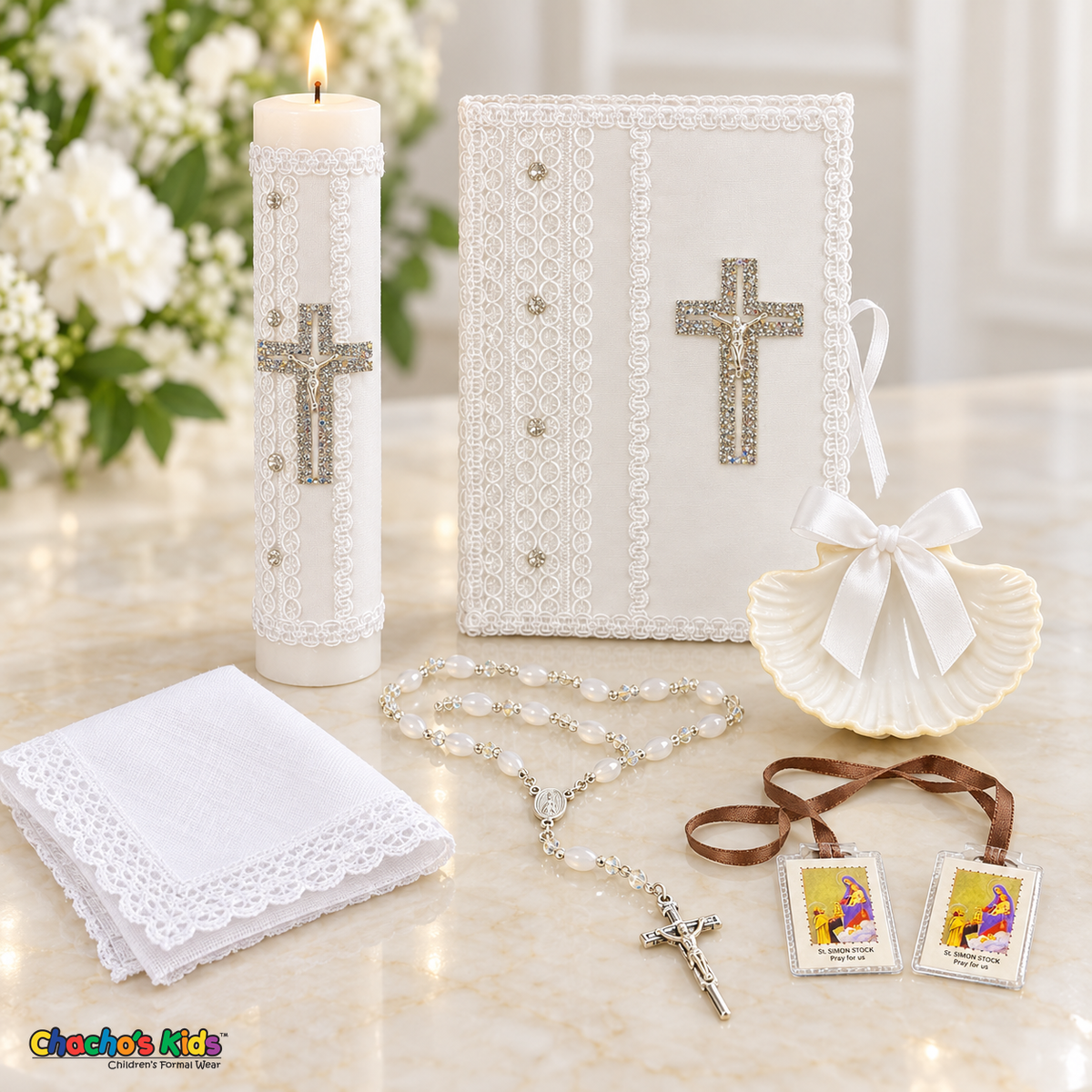 Boys Spanish crystal crucifix baptism set with candle, book, shell, rosary, scapular and lace-edged handkerchief