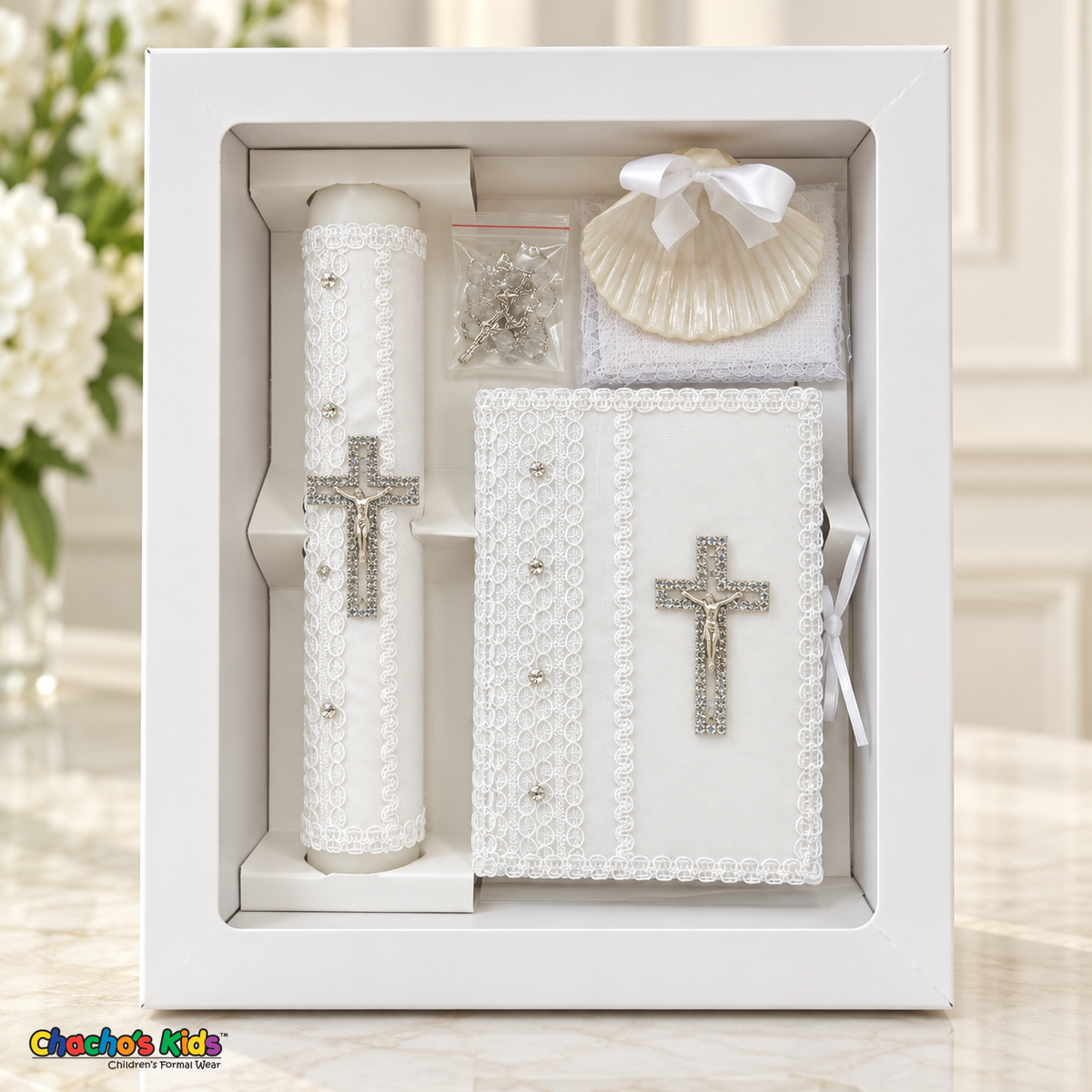 Crystal Crucifix Baptism Set Spanish Velas-04 presented upright in its white window gift box