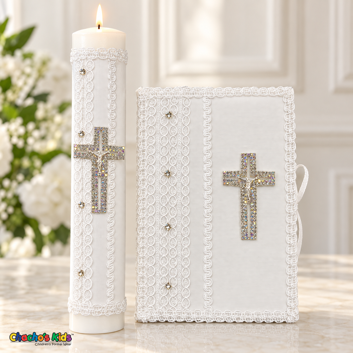 White lace baptism candle and Spanish book with silver-tone rhinestone crucifixes, style Velas-04