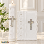 White lace baptism candle and Spanish book with silver-tone rhinestone crucifixes, style Velas-04