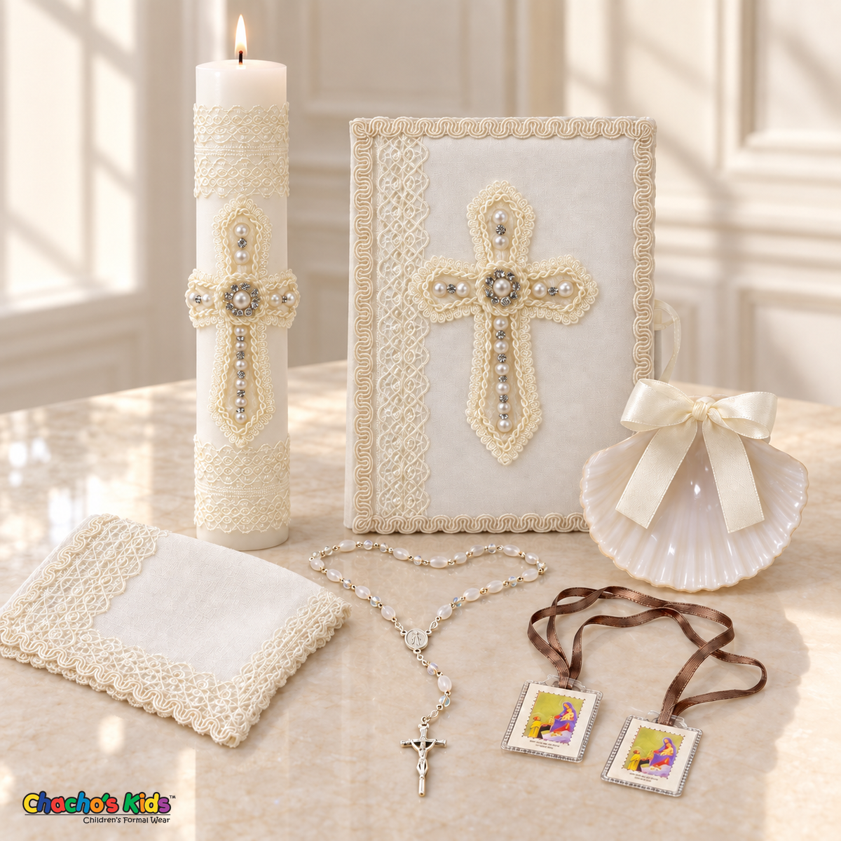 Ivory Pearl Cross Baptism Set English with candle, book, ivory-bow shell, rosary, scapular and ivory handkerchief