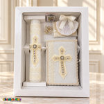Ivory Pearl Cross Baptism Set English Velas-05 in an upright white window gift box