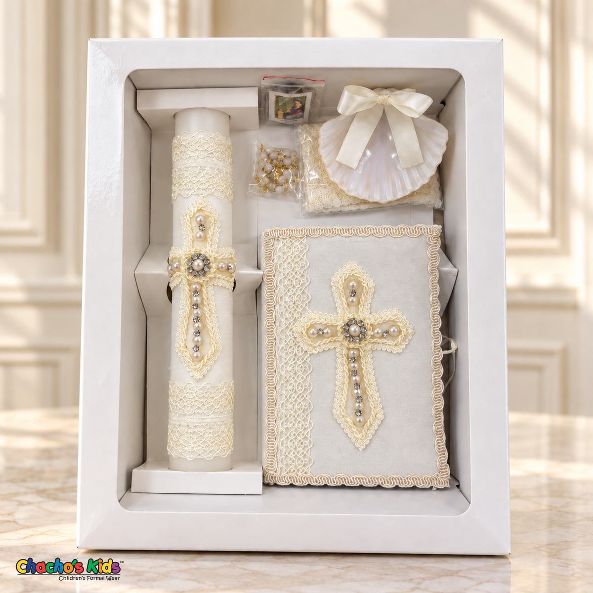 Ivory Pearl Cross Baptism Set English Velas-05 in an upright white window gift box