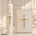 Ivory baptism candle and English book showing pearl and rhinestone crosses and ivory lace, Velas-05