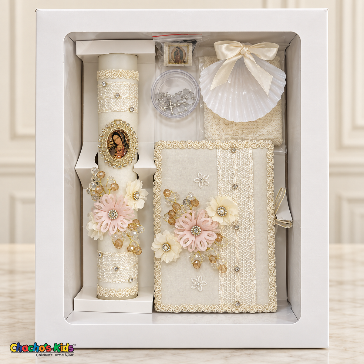 Blush and ivory floral Virgin Mary baptism set presented upright in its white window gift box