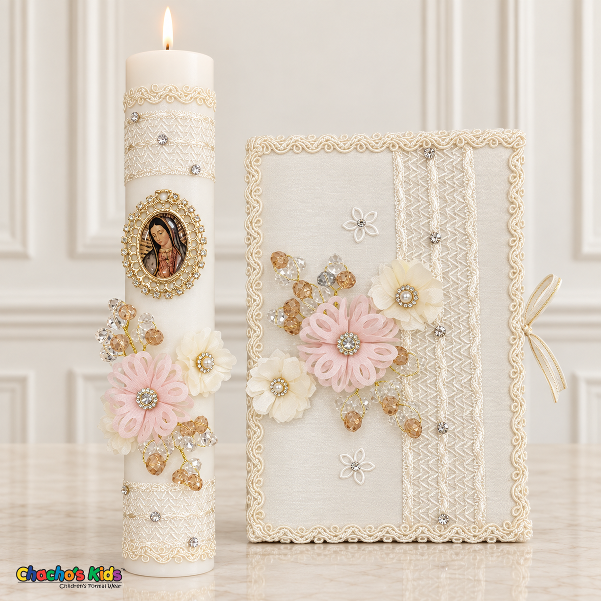 Lit Virgin Mary baptism candle and ivory book with blush flowers, champagne beads and lace, Velas-06