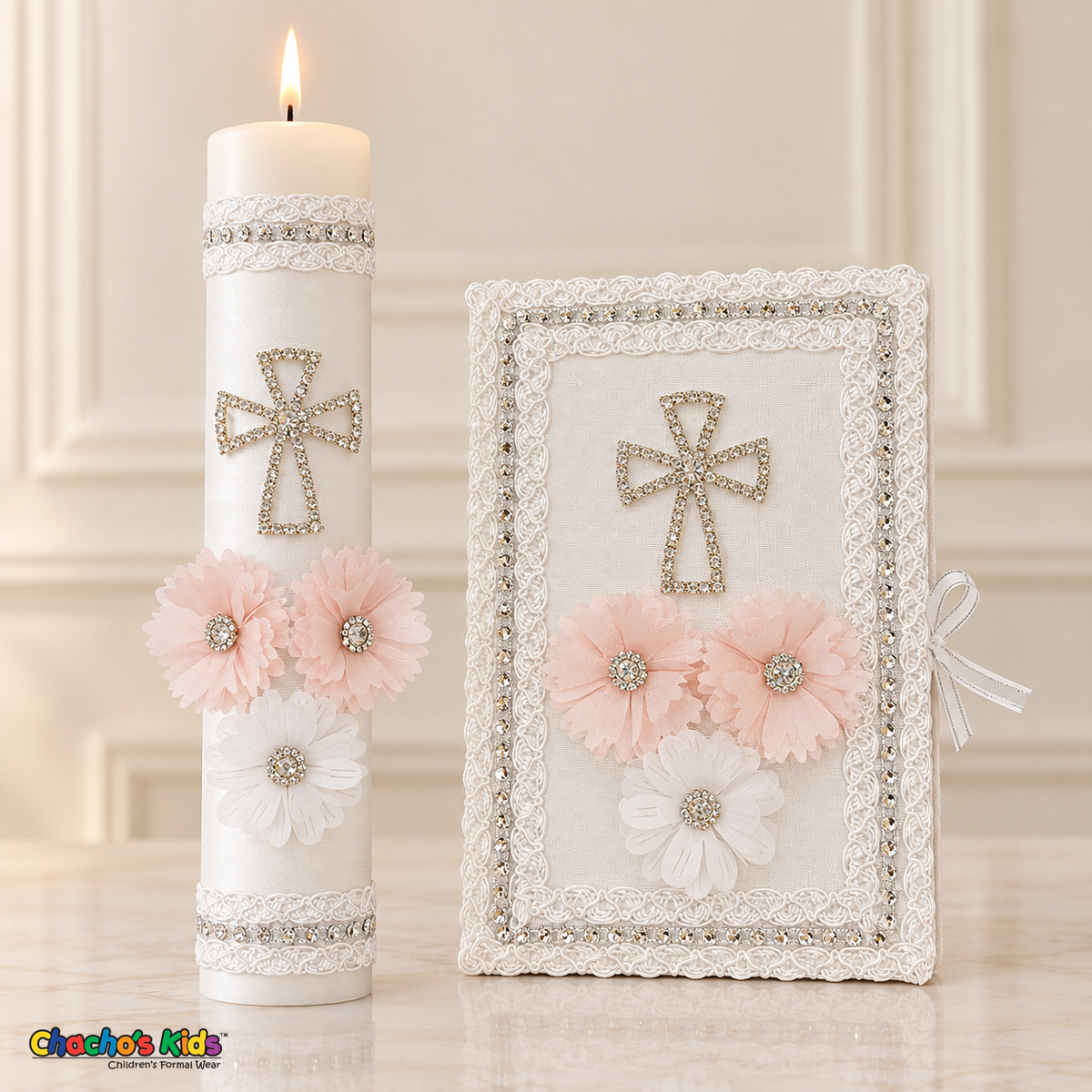 Pink and white floral cross baptism set with lit candle and Spanish Bible, style Velas-07