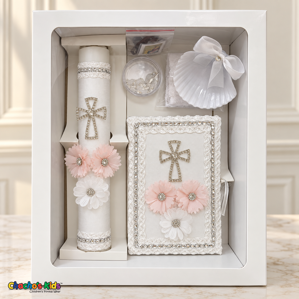 Pink Floral Cross Baptism Set in upright gift box with six pieces and round rosary case, style Velas-07