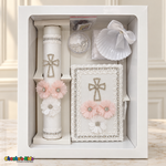 Pink Floral Cross Baptism Set in upright gift box with six pieces and round rosary case, style Velas-07