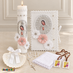 Pink Floral Virgin Mary Baptism Set (Spanish) with all six pieces and lit candle, Velas-08