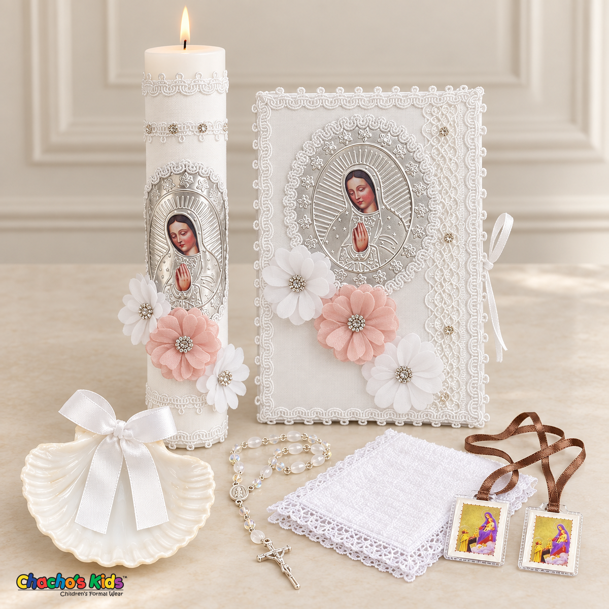 Pink Floral Virgin Mary Baptism Set (Spanish) with all six pieces and lit candle, Velas-08