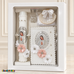Pink Floral Virgin Mary Baptism Set in upright white gift box, Velas-08
