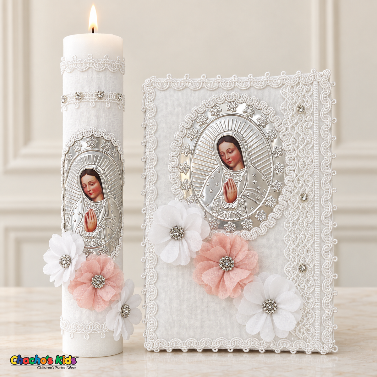 Silver Virgin Mary candle and Spanish prayer book with pink and white flowers, Velas-08