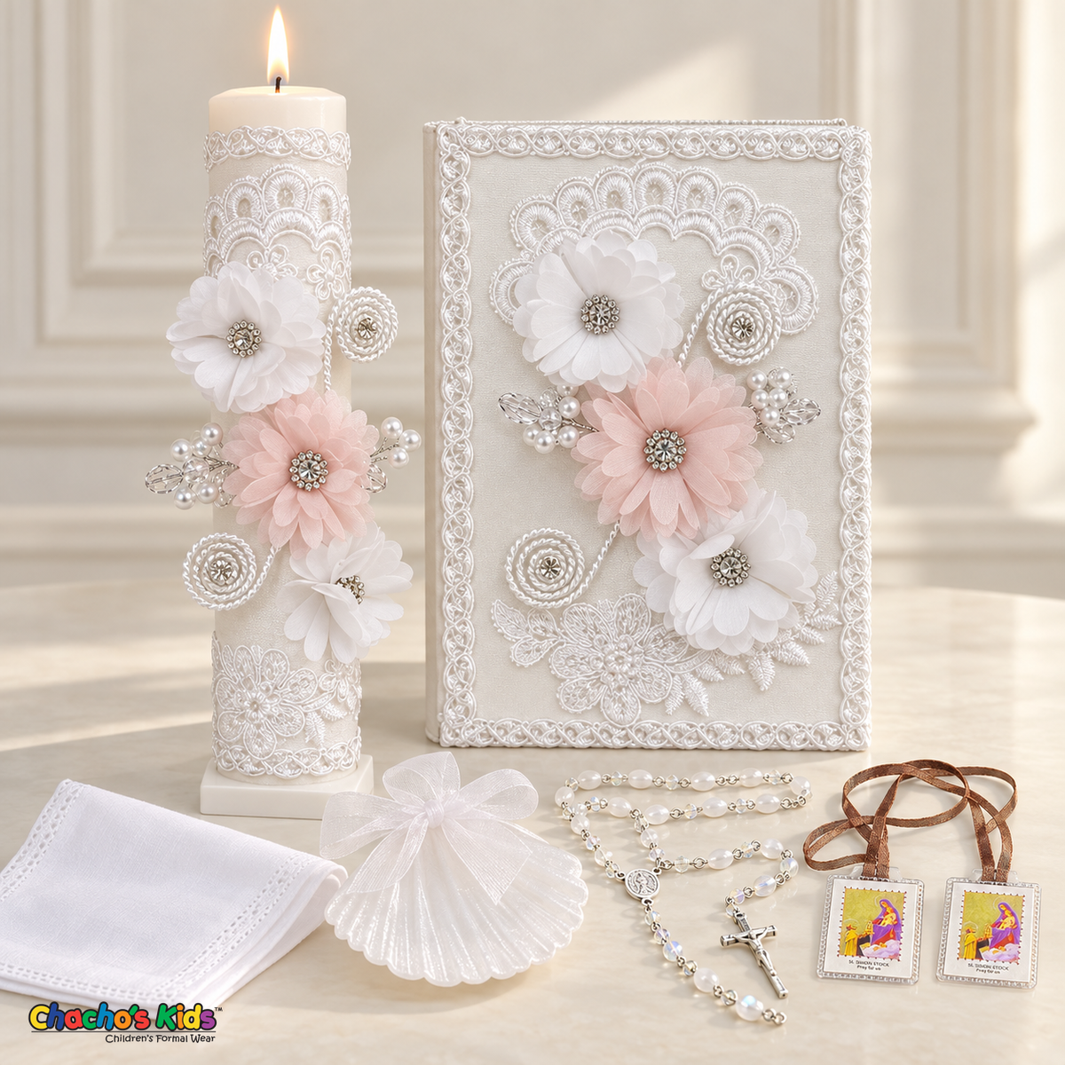 Complete six-piece Pink Floral Pearl Baptism Set with lit candle, Spanish prayer book, shell, rosary, scapular and handkerchief