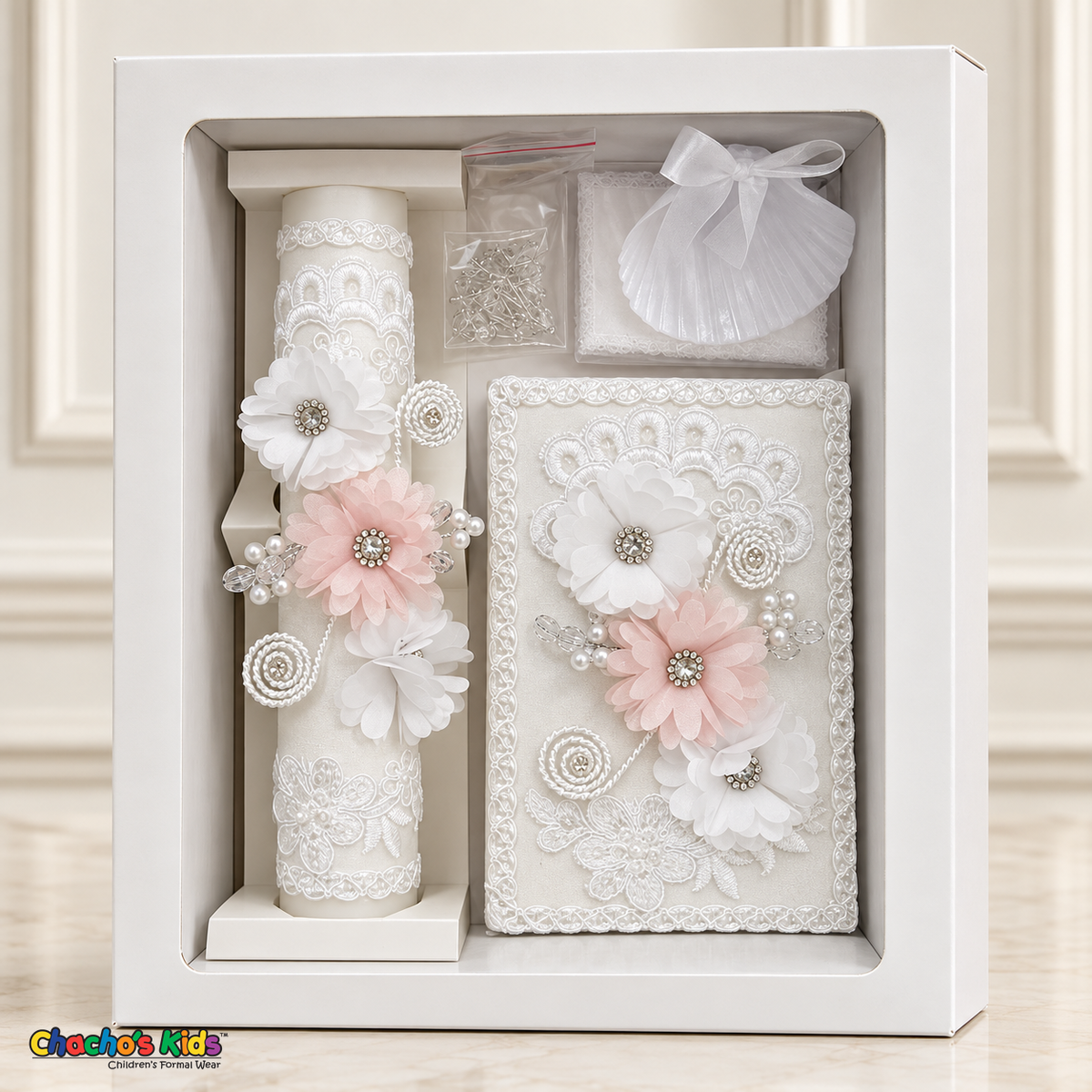 Pink Floral Pearl Baptism Set presented in its upright white window gift box