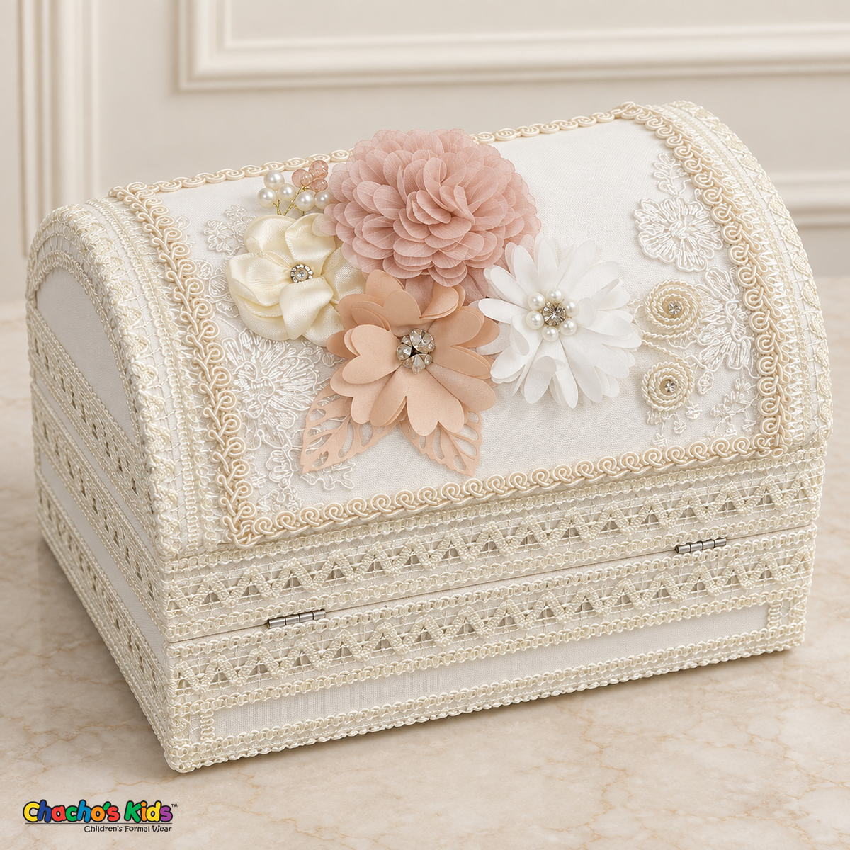 Ivory lace-covered baptism keepsake chest with peach and dusty-pink flowers, pearl accents, and rounded lid