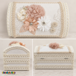 Three-angle collage of ivory and peach floral wooden baptism keepsake chest showing decorated top, rounded side, and hinged back