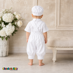 White Jeweled Cross Baptism Outfit back view with crossed suspenders, style 0400 - Chacho's Kids