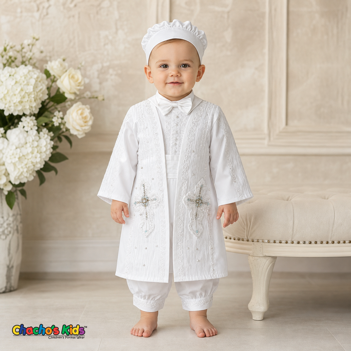 White Jeweled Cross Baptism Outfit for boys with embroidered long vest, style 0400 - Chacho's Kids