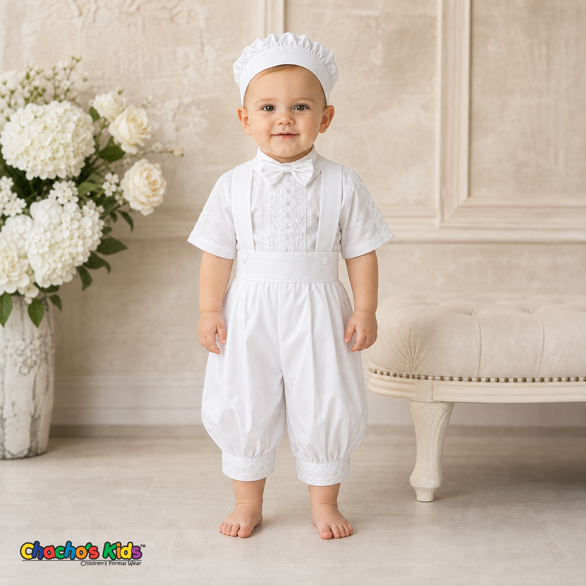 White Jeweled Cross Baptism Outfit without embroidered long vest, front view, style 0400 - Chacho's Kids