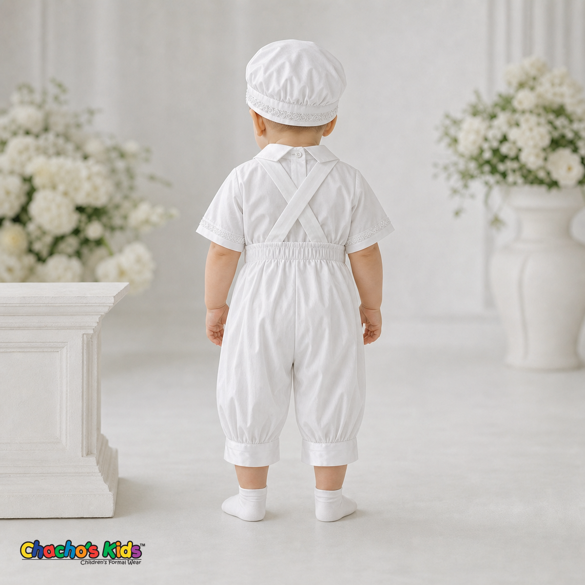 White Spanish Heirloom Baptism Outfit back view with crossed suspenders, style 0403 - Chacho's Kids
