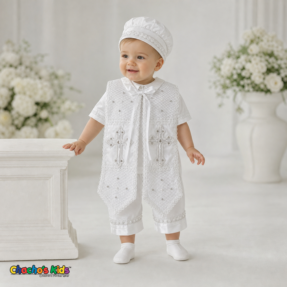 Baby boy wearing White Spanish Heirloom Baptism Outfit for christening ceremonies, style 0403 - Chacho's Kids