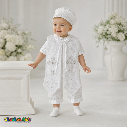 Baby boy wearing White Spanish Heirloom Baptism Outfit for christening ceremonies, style 0403 - Chacho's Kids