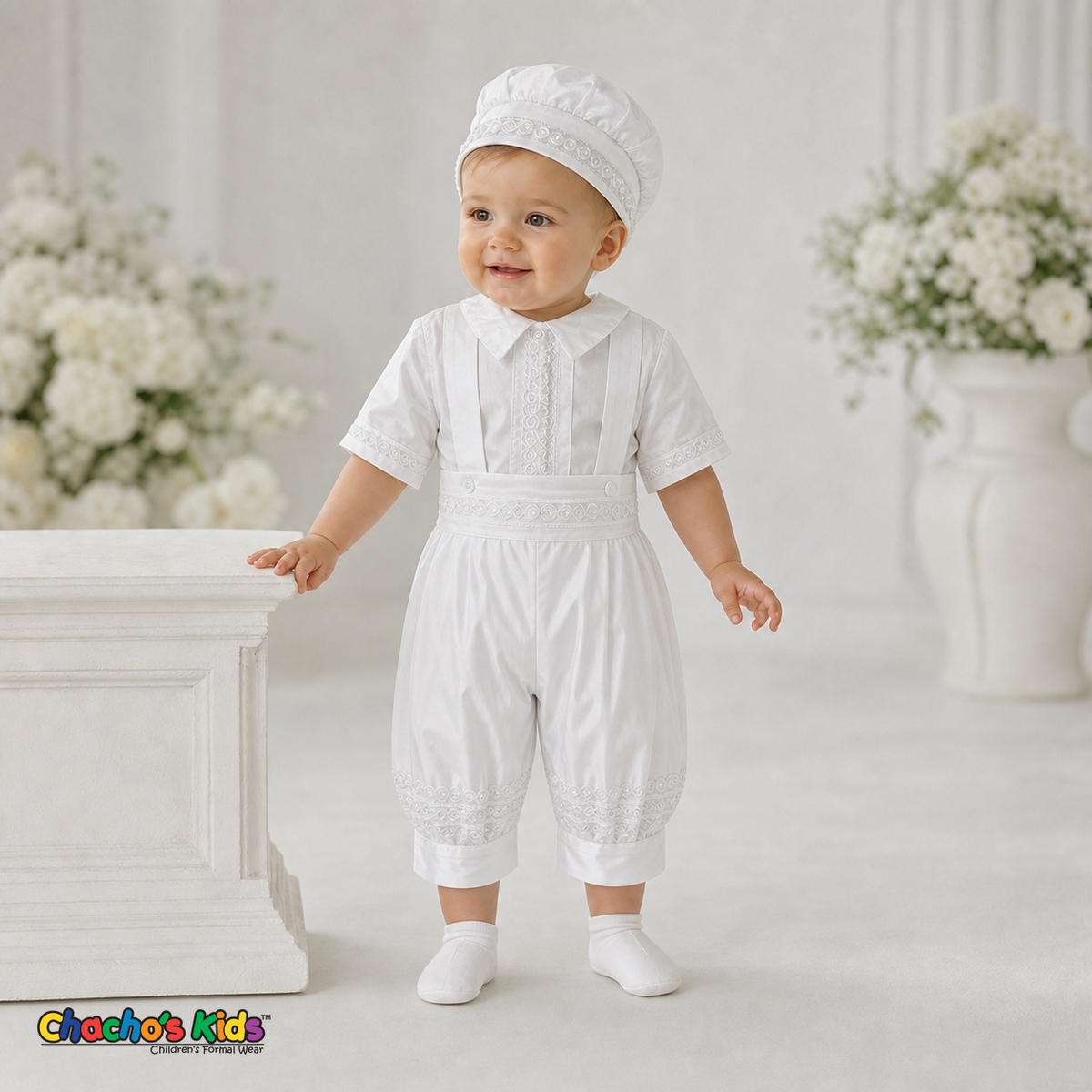 White Spanish Heirloom Baptism Outfit without ceremonial stole, front view, style 0403 - Chacho's Kids
