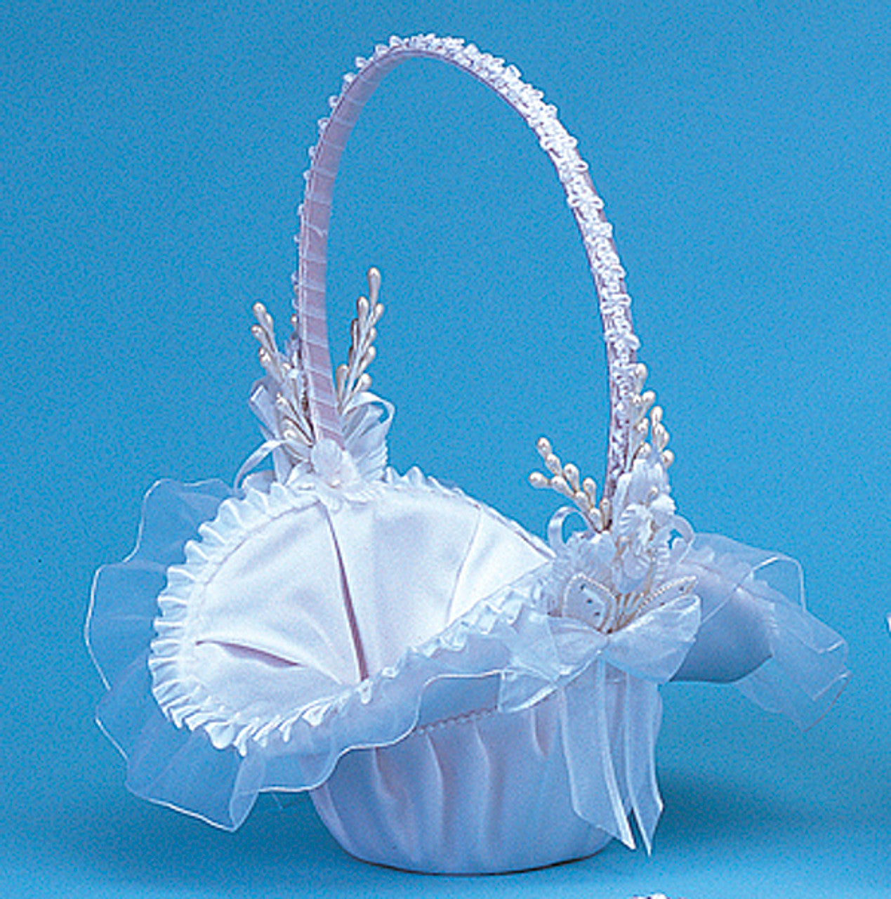 10" x 12" White Satin Flower Girl Basket with Pearl